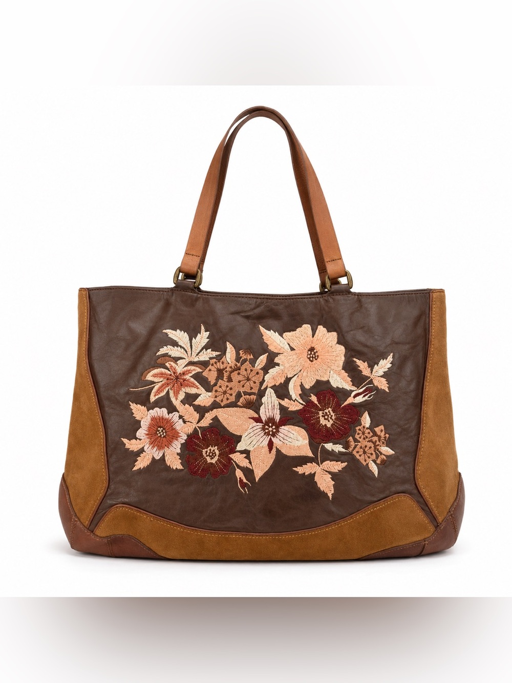 Antonio Melani Brown Leather Suede Floral Embroidered Large Tote Bag